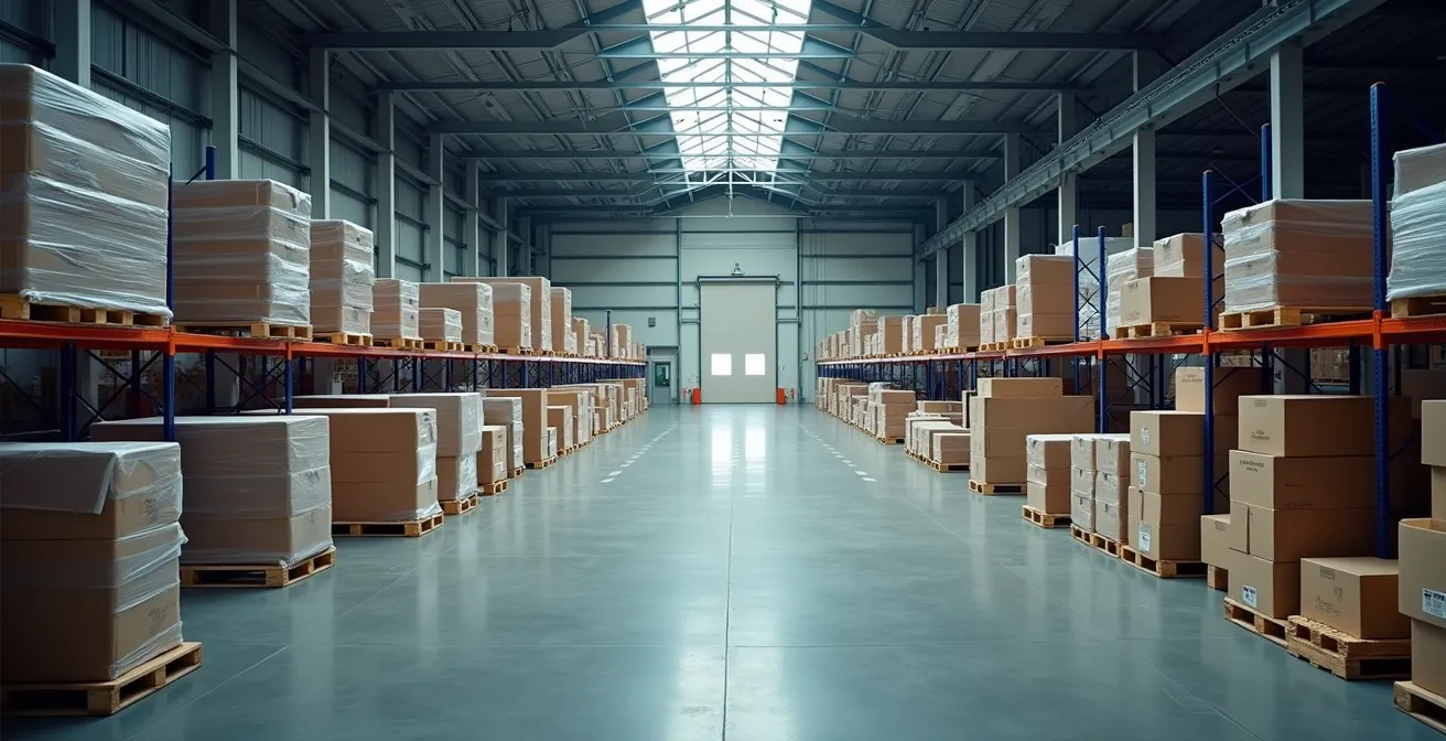 Vue aérienne d'un entrepôt moderne au Québec avec rangées de palettes organisées