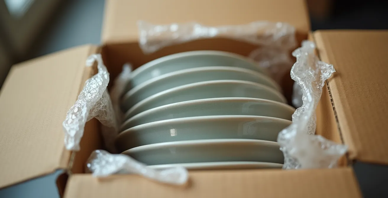 Vue rapprochée d'assiettes mal emballées dans une boîte avec trop d'espace vide