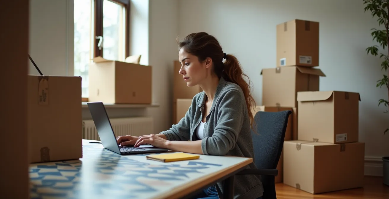 Espace de travail temporaire maintenu fonctionnel pendant un déménagement avec bureau organisé et boîtes empilées en arrière-plan