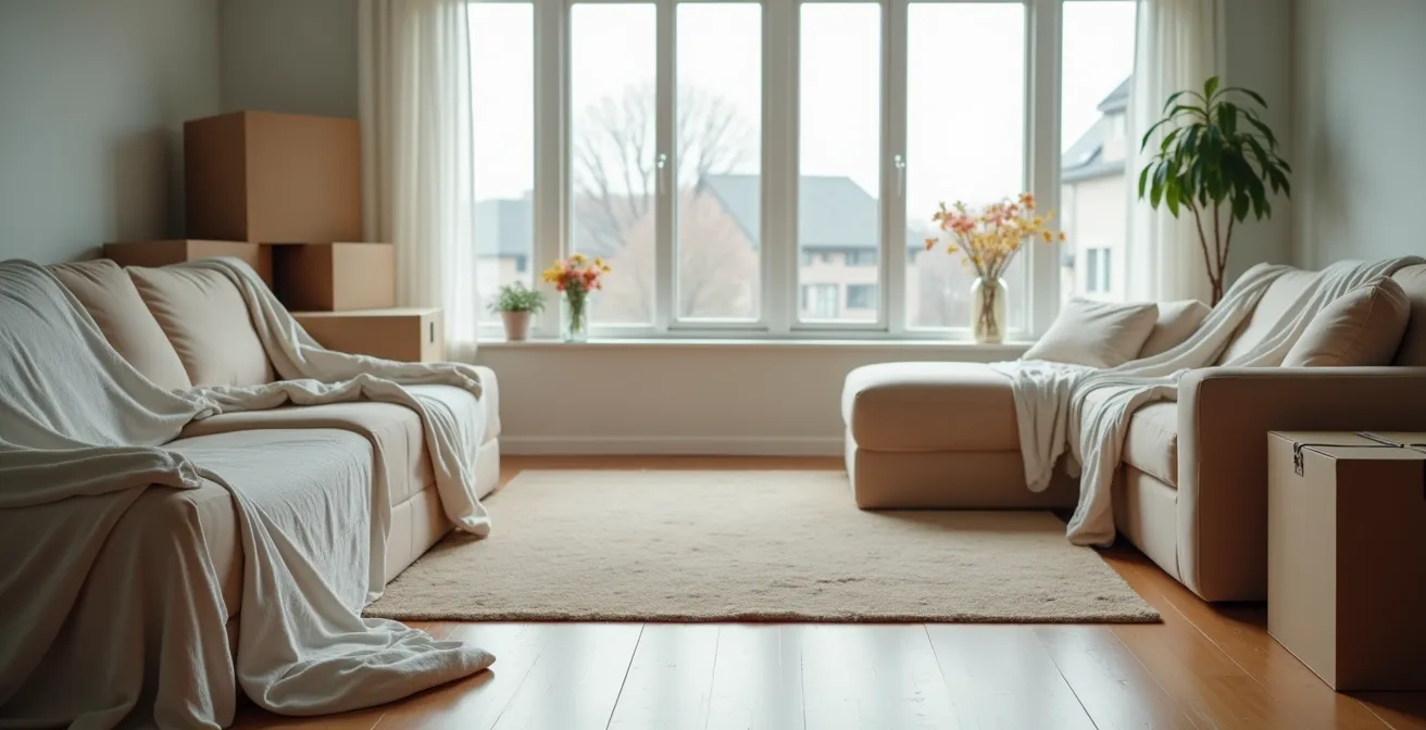 Vue large d'un salon québécois montrant l'organisation méthodique avant un déménagement avec zones de risque identifiées