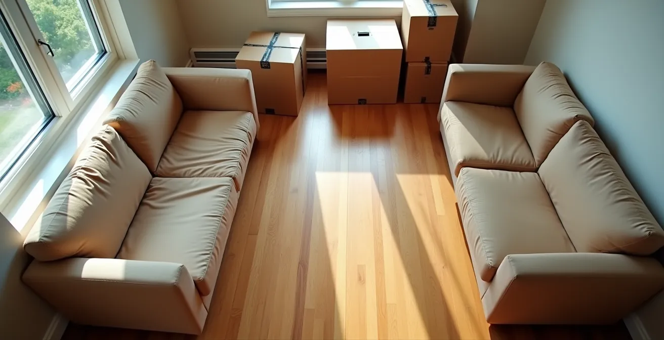 Vue aérienne d'un appartement québécois avec marquage visuel des zones et volumes à déménager