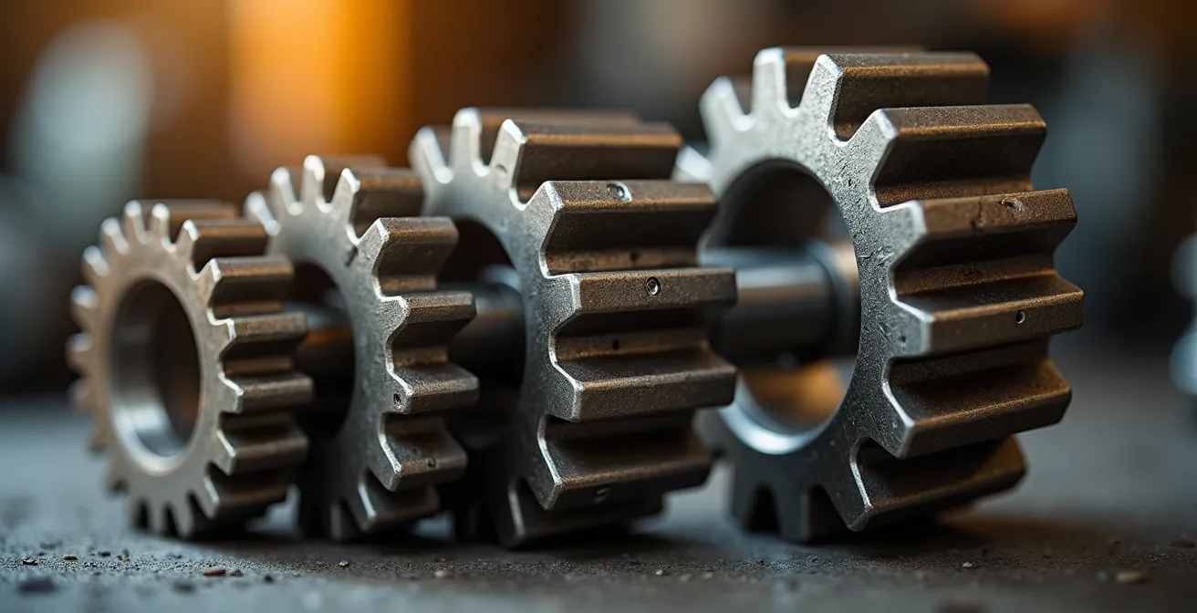 Vue macro de trois engrenages métalliques interconnectés représentant l'évolution de la collaboration