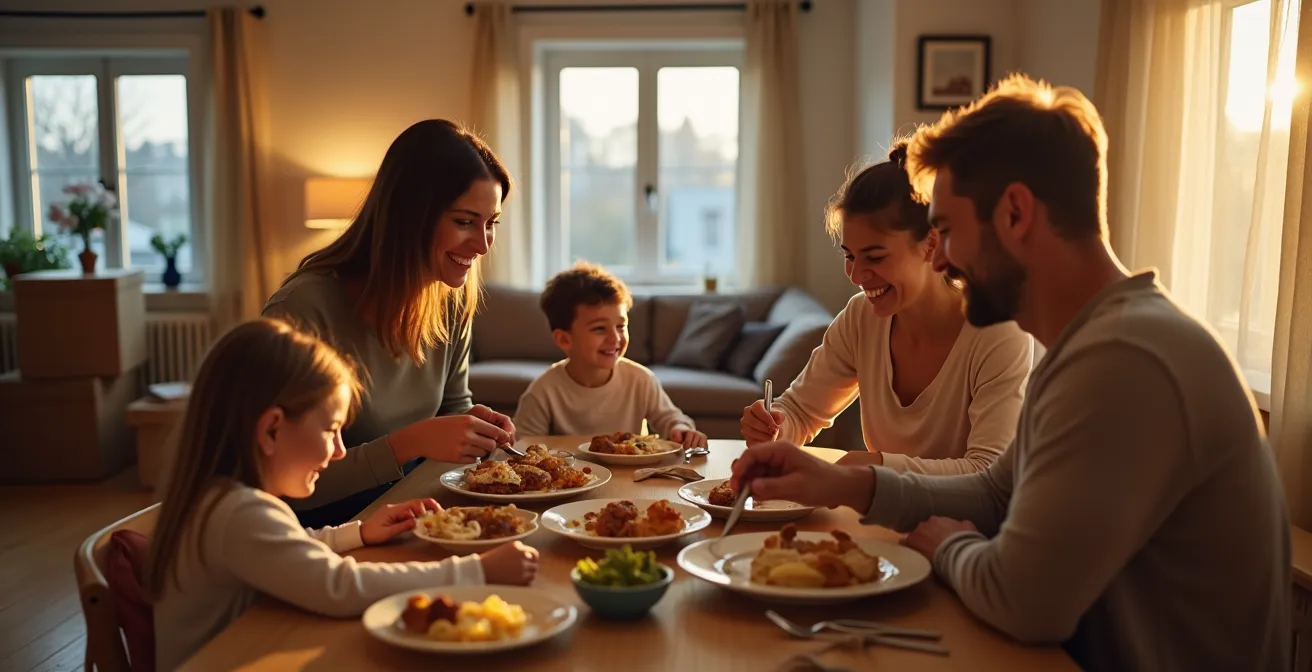 Famille détendue dans son nouveau logement montréalais le soir du déménagement