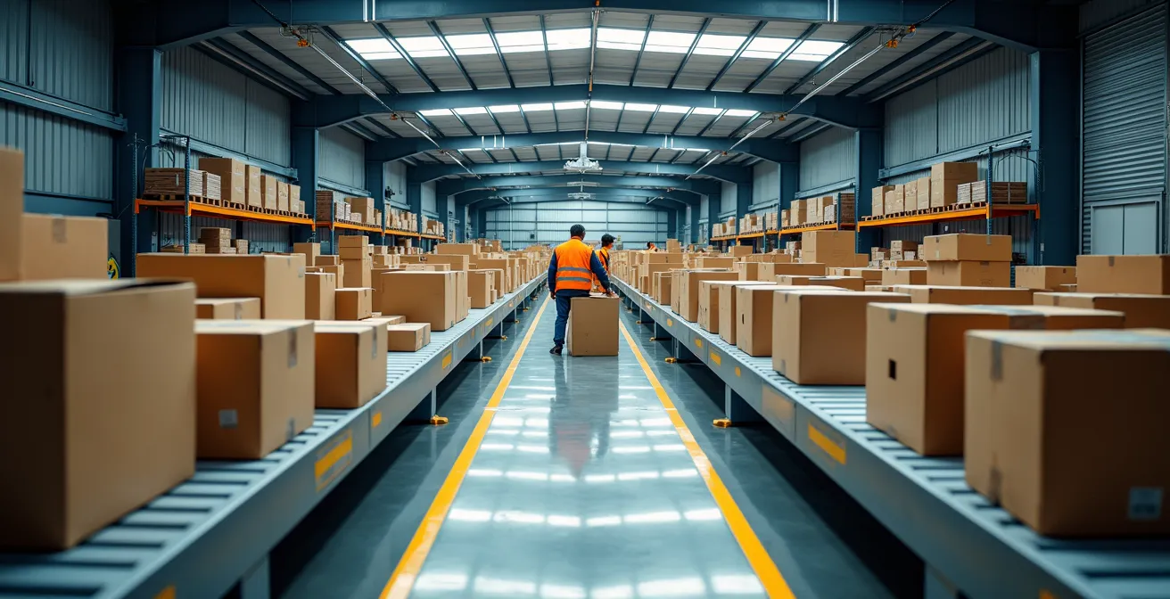 Intérieur d'un micro-entrepôt moderne avec système de tri automatisé et zones de consolidation