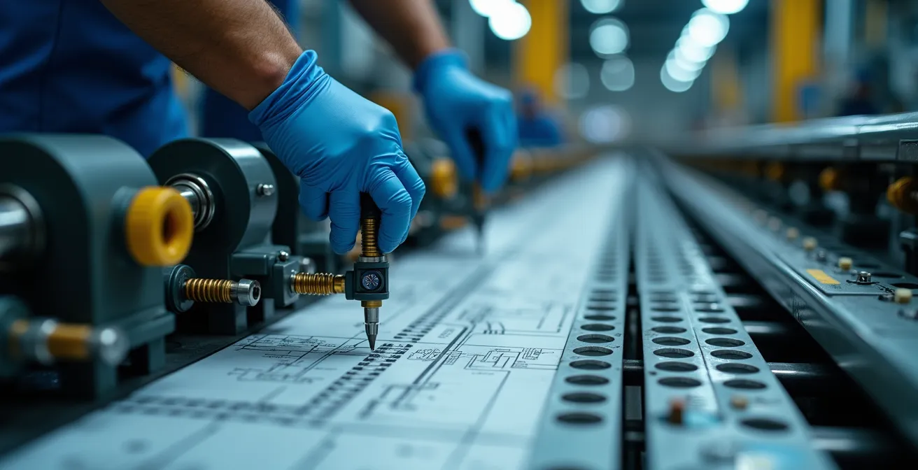 Techniciens spécialisés travaillant sur une ligne de production avec équipement de précision