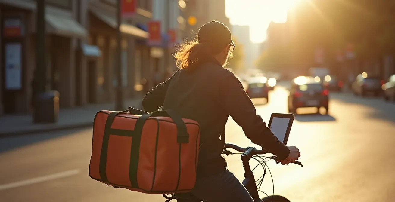 Vue aérienne d'une rue commerciale de Montréal à midi avec circulation fluide
