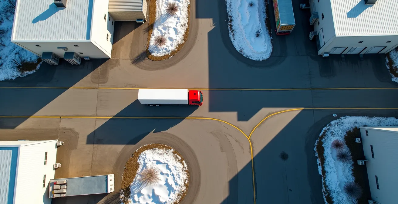 Tournée de collecte milk run dans un parc industriel québécois avec un seul camion collectant chez plusieurs fournisseurs
