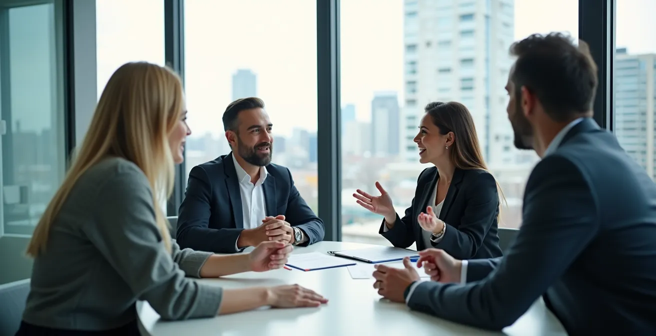 Réunion de négociation entre gestionnaires logistiques dans un bureau moderne au Québec