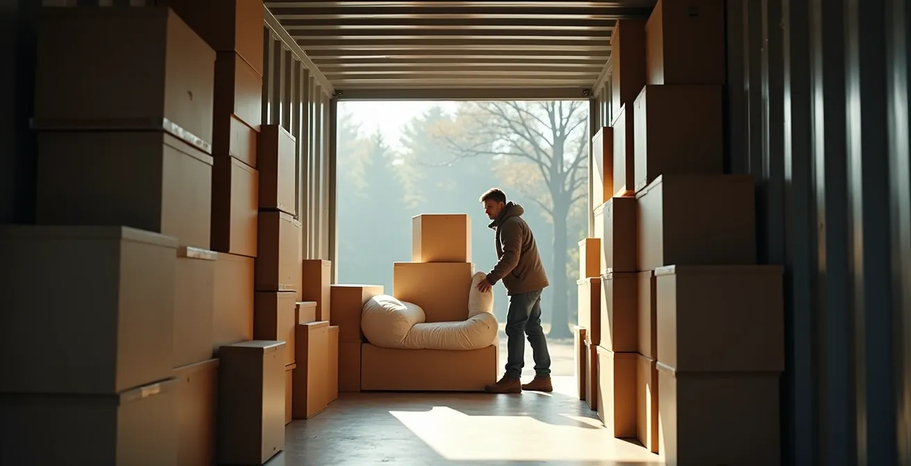 Vue intérieure d'un conteneur organisé avec mobilier et boîtes empilées méthodiquement