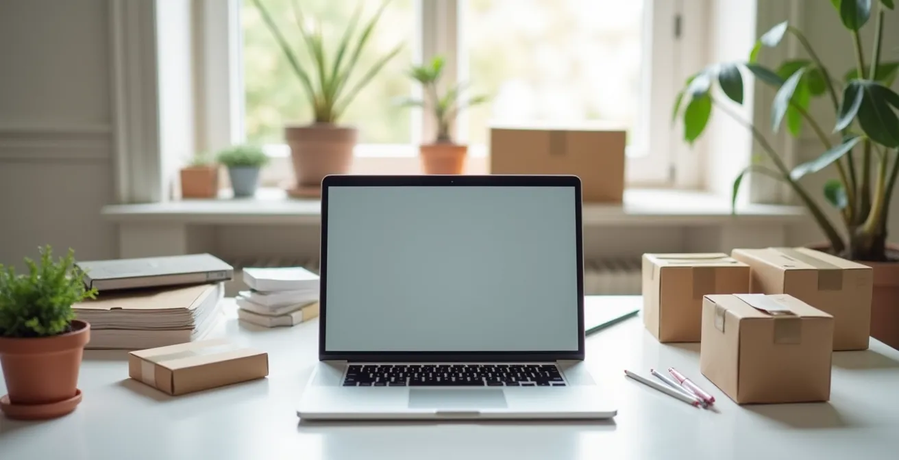 Espace de travail minimaliste avec ordinateur portable montrant des formulaires en ligne flous, ambiance productive et organisée