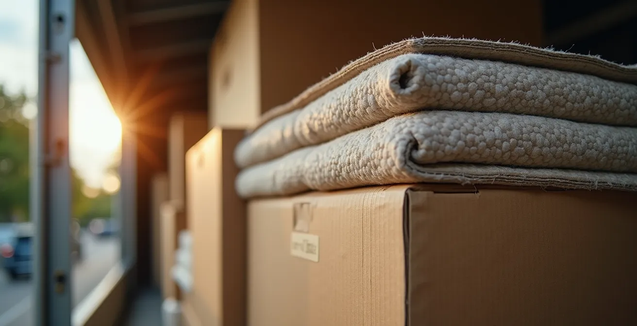 Vue de l'intérieur d'un camion de déménagement montrant l'organisation stratégique des zones de chargement