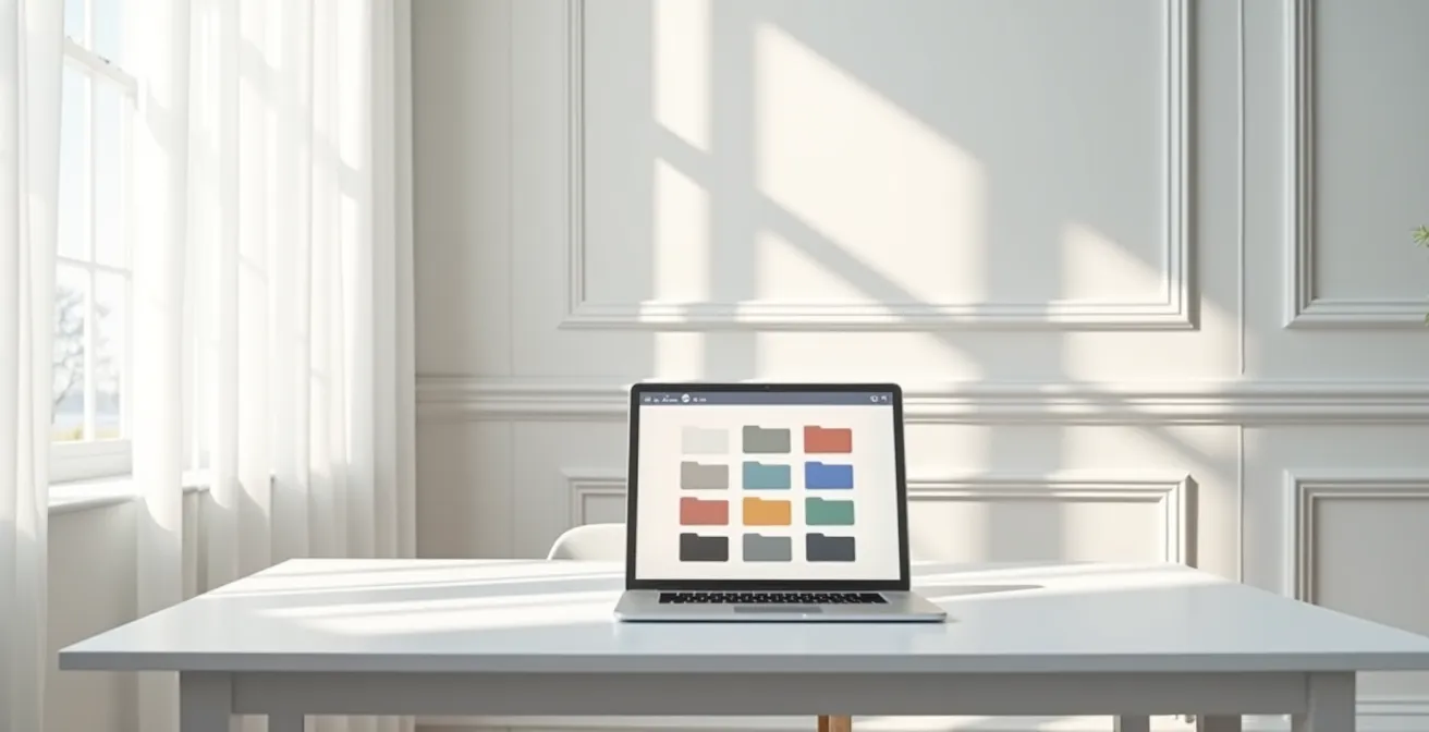 Espace de travail minimaliste avec ordinateur portable montrant une arborescence de fichiers organisés