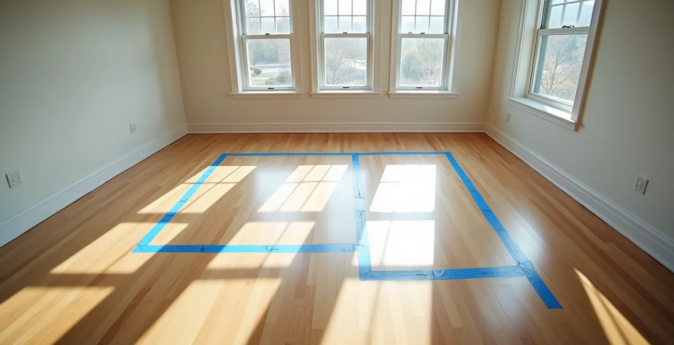 Vue aérienne d'un salon avec marquages au ruban adhésif délimitant l'emplacement futur des meubles