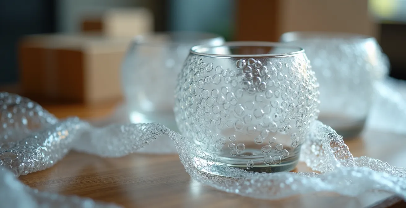 Gros plan sur des objets de valeur soigneusement emballés avec matériaux de protection professionnels