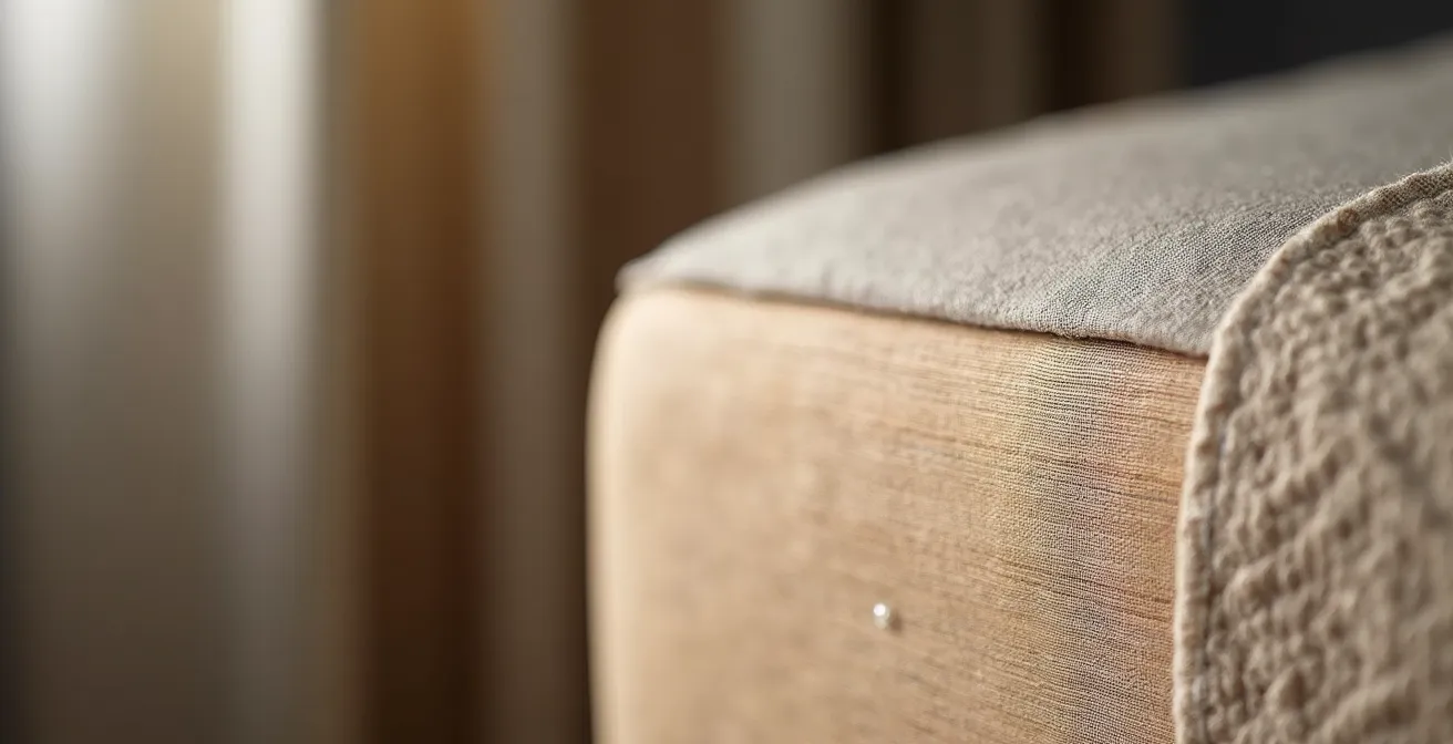 Détail macro de protection anti-humidité sur meuble en bois avec tissu respirant