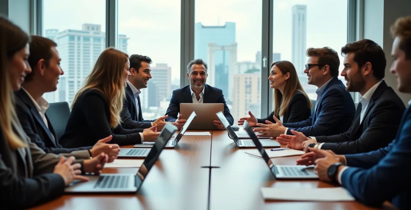 Table de réunion ovale avec professionnels discutant autour de documents et ordinateurs portables fermés