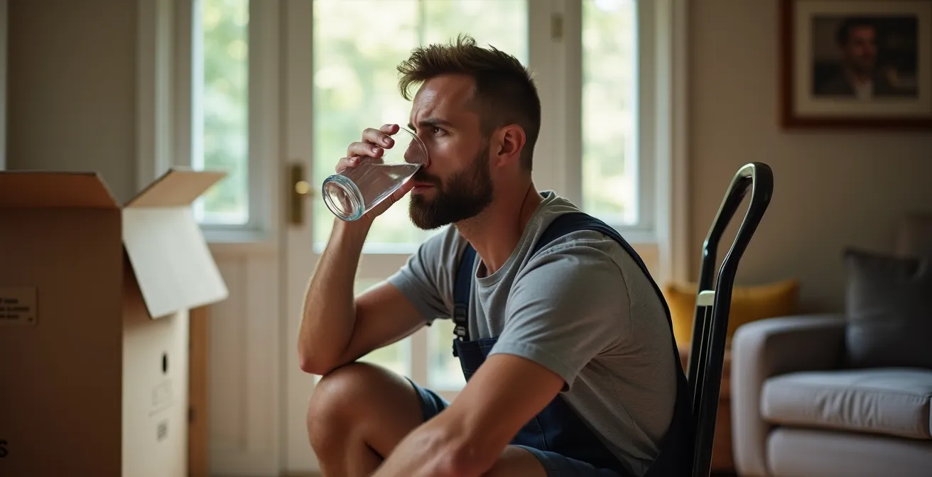 Portrait rapproché d'un déménageur épuisé prenant une pause, illustrant les risques liés à la fatigue