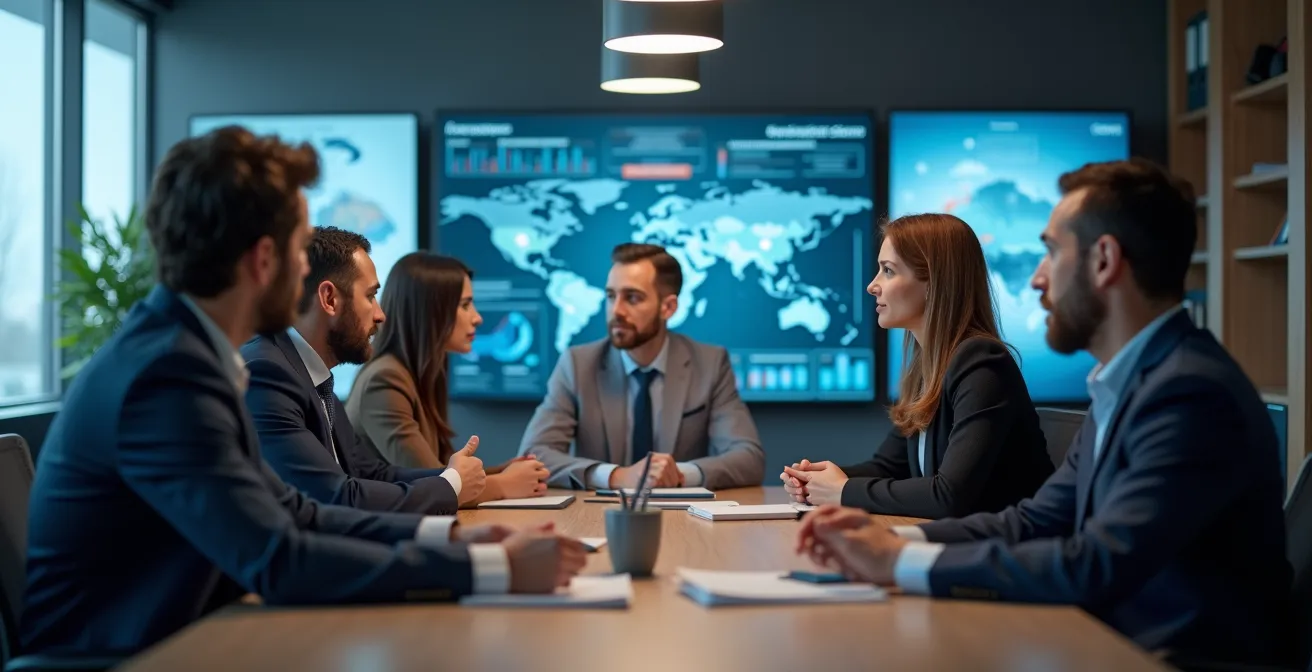Salle de réunion de crise avec professionnels analysant des données sur écrans muraux