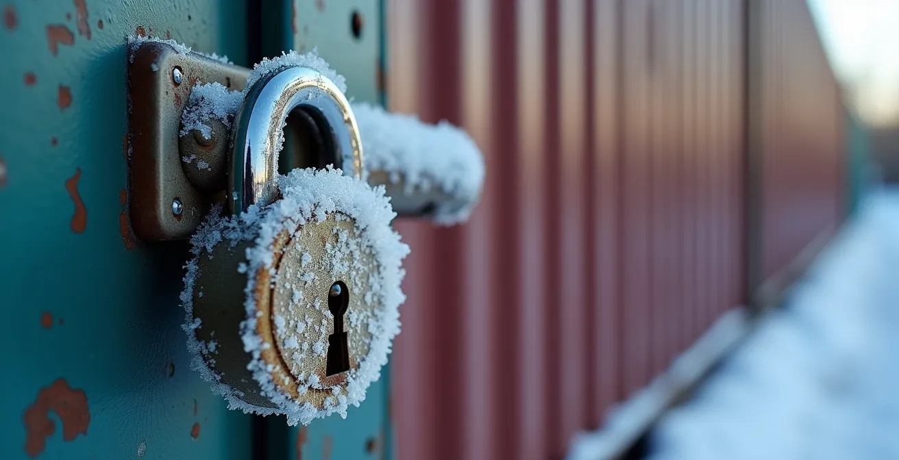 Gros plan sur un cadenas renforcé résistant au gel sur un conteneur