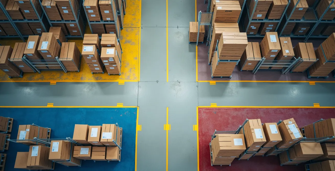 Vue en plongée d'un entrepôt avec des zones délimitées par des marquages au sol colorés et des grillages de séparation