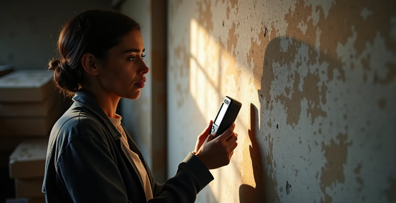 Détails architecturaux montrant les signes d'infiltration d'humidité dans un entrepôt