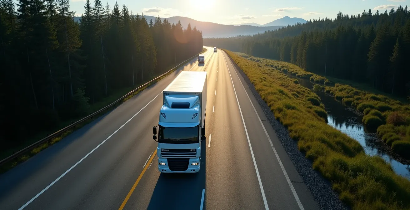 Vue aérienne d'un camion de déménagement sur une autoroute canadienne avec système de suivi