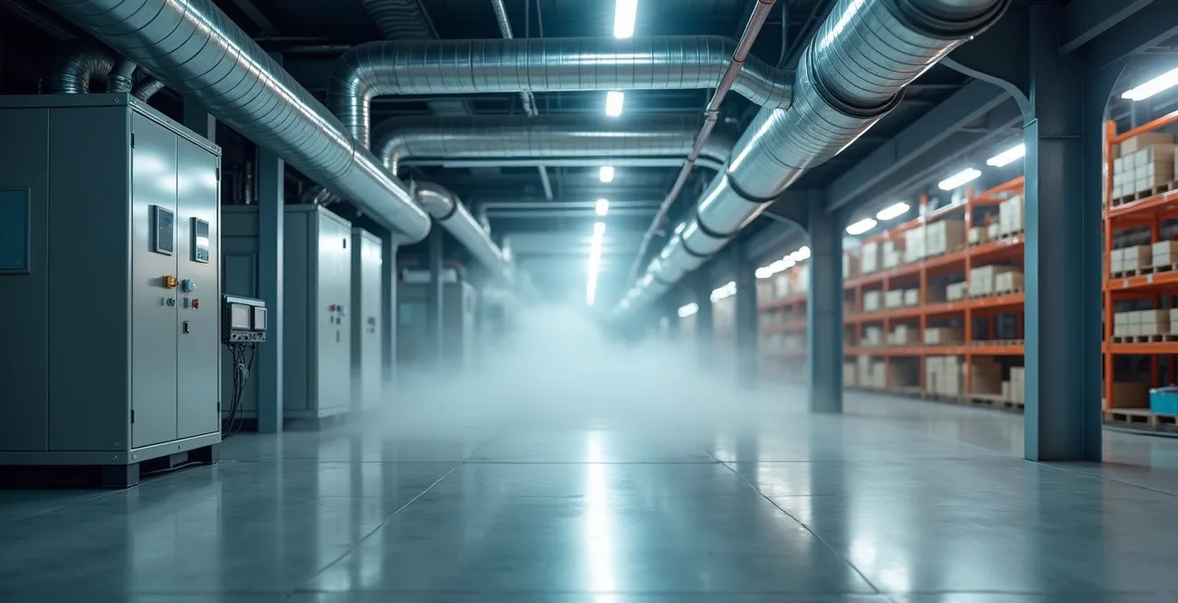 Vue large d'un système CVAC industriel dans un entrepôt avec équipements de ventilation et déshumidification