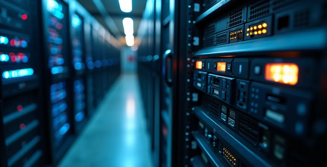 Salle de contrôle sécurisée avec serveurs d'enregistrement vidéo et équipements de sauvegarde dans un entrepôt québécois