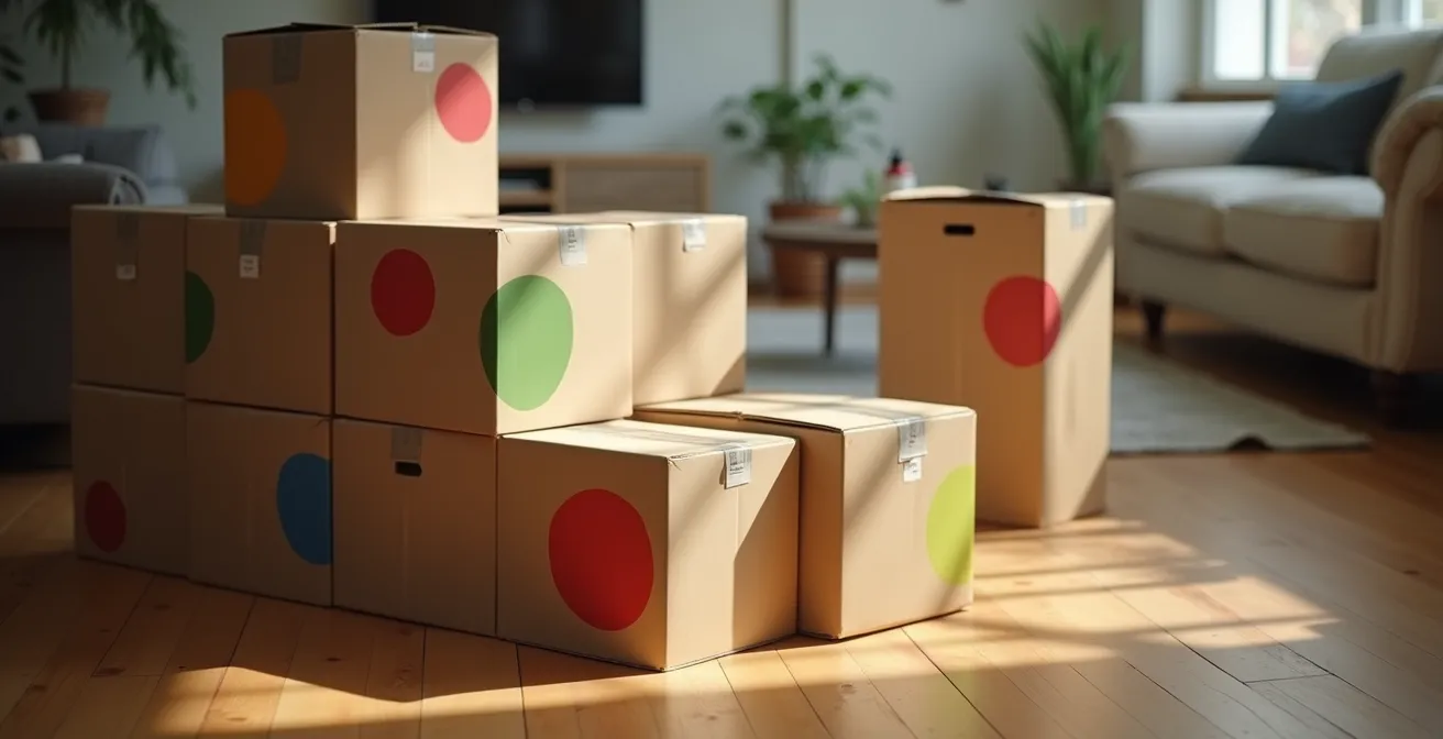 Vue de trois quarts sur des cartons de déménagement avec pastilles de couleur rouge, vert et bleu organisés en pile