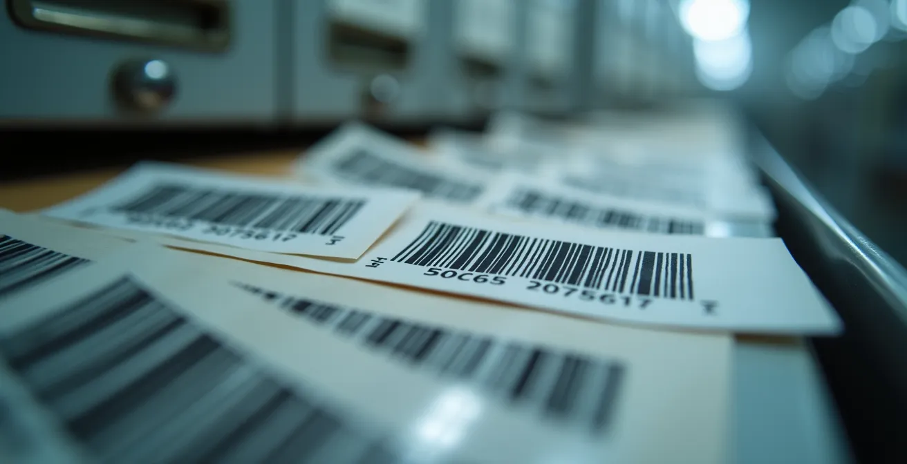 Vue macro d'un système de code-barres et étiquettes de traçabilité sur des boîtes d'archives