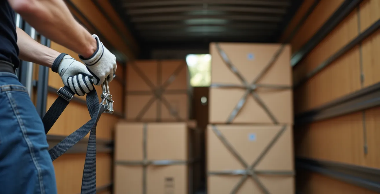 Vue intérieure d'un camion de déménagement montrant la technique d'arrimage avec sangles