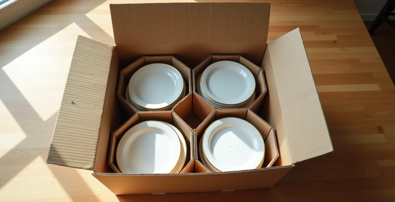 Boîte de déménagement ouverte montrant des assiettes rangées verticalement avec séparateurs en carton