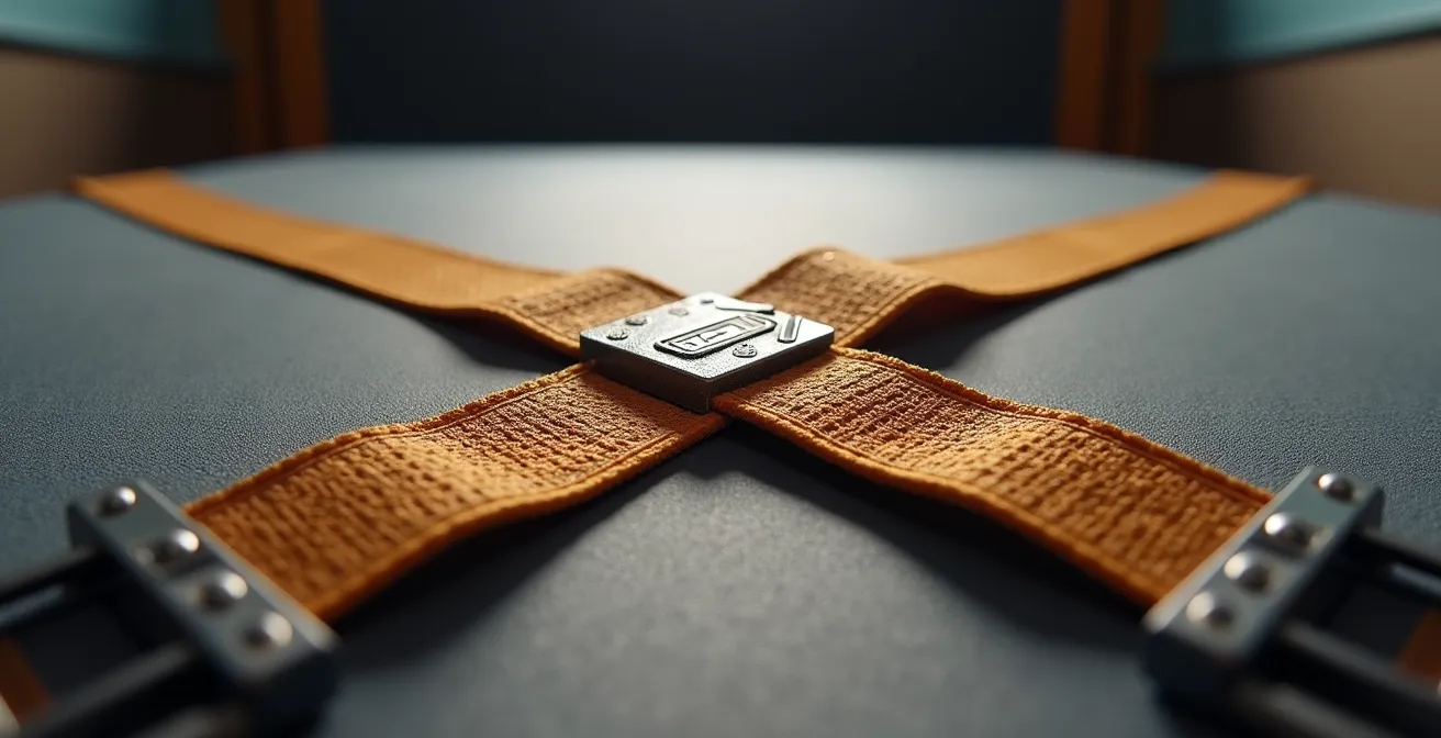 Vue macro détaillée de sangles professionnelles E-Track créant un pattern en X pour sécuriser des meubles