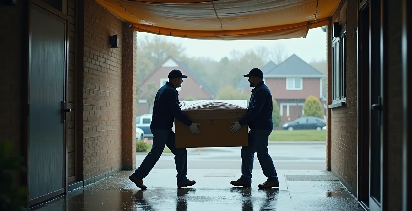 Entrée de maison protégée par des tapis et bâches lors d'un déménagement sous la pluie